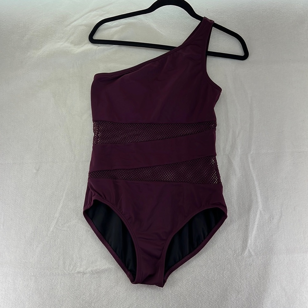 Carmen Marc Valvo One-Shoulder Plum Mesh-Panel One-Piece